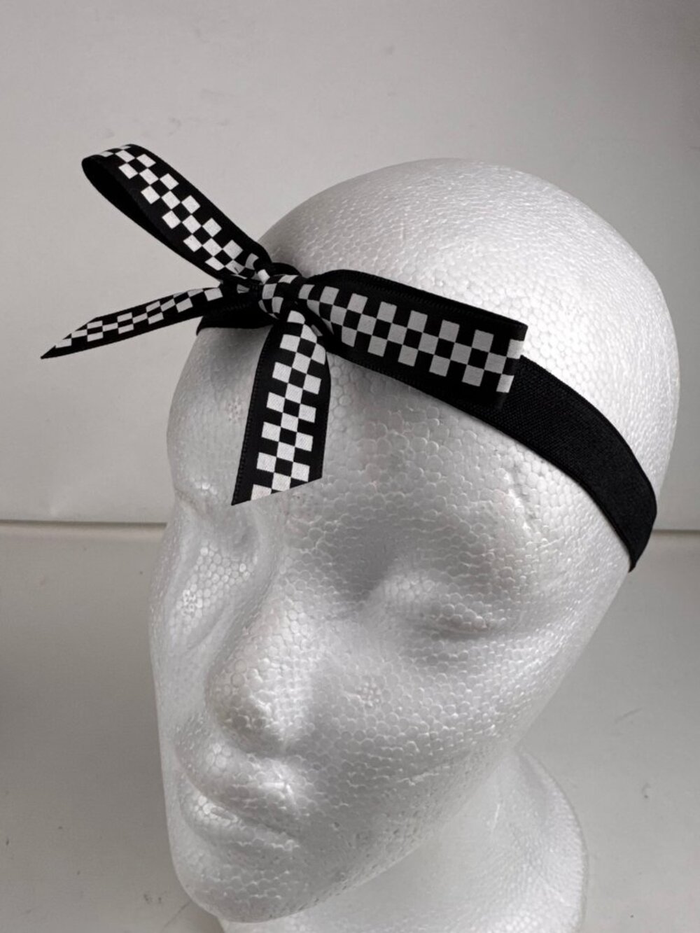 Vintage Y2K Checkered Bow Elastic Headband Black White Ska Punk Hair Accessory